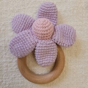 Crochet Flower Baby Teether/Rattle. Light Pink With Purple